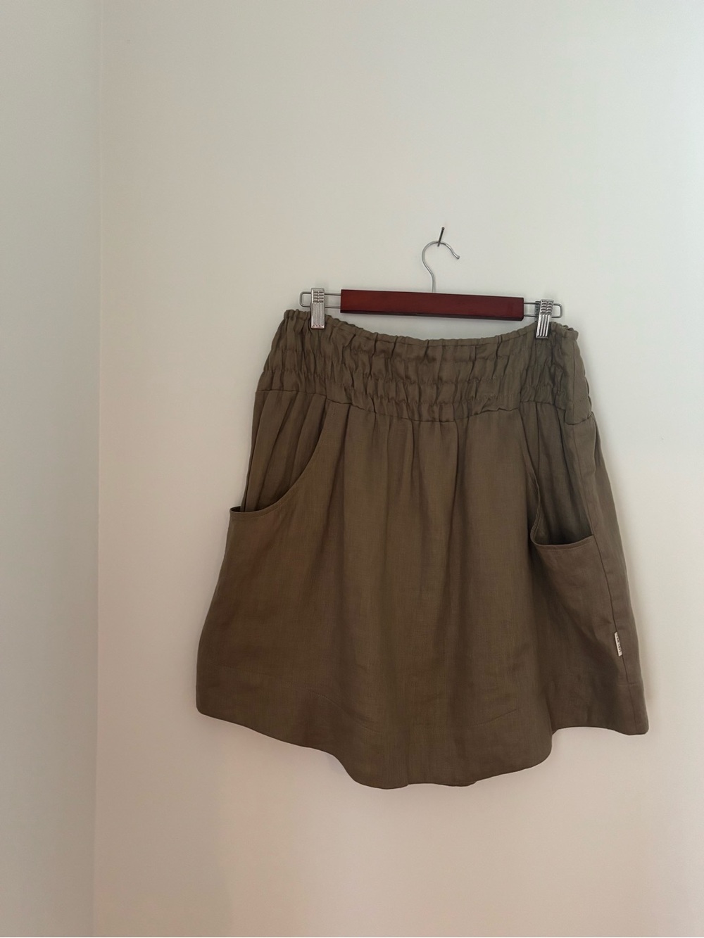 Nicole Bridger olive green linen skirt elastic waist pockets made in Vancouver